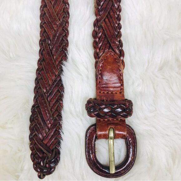 VINTAGE Y2K Brown Braided Genuine Leather Belt Woven Whiskey Cognac Size XS XXS - Picture 6 of 10